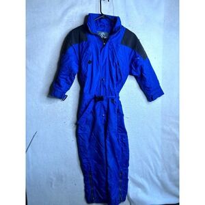 White Fir One-Piece Ski Suit Junior Small Blue Adjustable Waist Snap Inside Zip